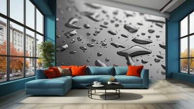 Closeup of a coated metal surface demonstrating the strong resistance to water as droplets roll off effortlessly. Wall mural