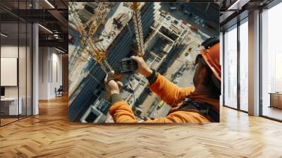 Closeup of a construction worker using a remote control to fly a drone above a building under construction. The drones camera is positioned to capture a topdown view of the Wall mural