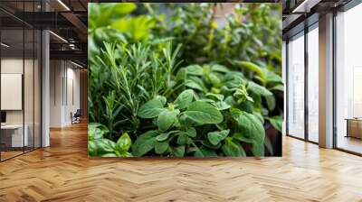 Closeup of a lush herb planter showcasing an assortment of fragrant rosemary thyme and basil ready to be plucked and used in the rooftop restaurants dishes. . Wall mural