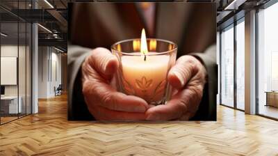 Closeup of a man holding a small lit candle, representing the light of Christ and the hope and promise of eternal life. Wall mural