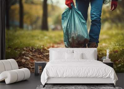 Closeup of a persons feet, walking through a littered park with a trash bag and gloves in hand. They are picking up garbage, not for recognition but out of reverence for the environment and Wall mural