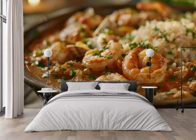 Closeup of a steaming bowl of hearty seafood gumbo b with tender shrimp crab and clams flad with a rich coconut milk and curry base. . Wall mural