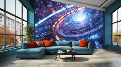 Complex circular quantum computing machine processing data with artificial intelligence, glowing with blue and orange lights, representing advanced technological innovation Wall mural