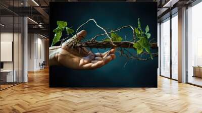 Concept photo of a hand holding a of gs with one g removed, highlighting the connection between Jesus, the vine, and his followers as the branches. Wall mural