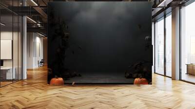 Foggy Night with Launched Pumpkins. Halloween background Wall mural