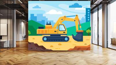 Heavy machinery excavating and clearing the site making way for the foundation work to begin.. Vector illustration Wall mural