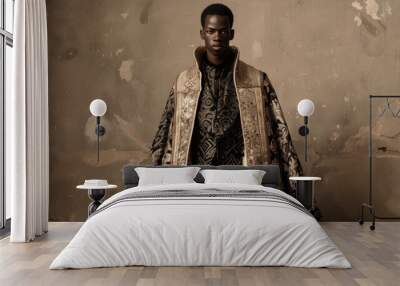 In a breathtaking display of artistic expression a young black man stands tall in a dramatic handmade couture cape. The intricate detailing and structure showcase a marriage of fashion . Wall mural