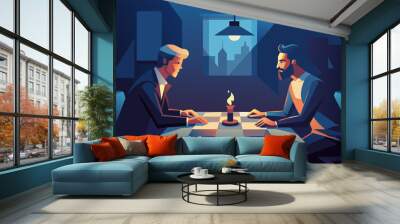 In a dimly lit room the flickering candlelight illuminates the determined faces of two players locked in an intense game of Risk. The Wall mural