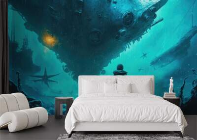 in a future where the ocean is the new frontier, a lone sailor navigates his heavily-modified submarine through treacherous waters filled with pirates and sea monsters digital art poster AI generation Wall mural