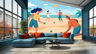 In the midst of a crowded beach two strangers strike up a conversation as they compete against each other in an intense game of bocce ball.. Vector illustration Wall mural