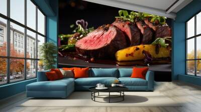 In this visually striking shot, a selection of grassfed game meats, including venison and bison, are expertly cooked and beautifully presented. Their deep, rich colors hint at their robust Wall mural