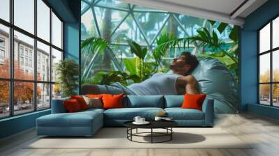 Inside a dome a man lays on his back and takes in the calming sights and sounds of a tropical oasis releasing all tension and stress. 2d flat cartoon. Wall mural