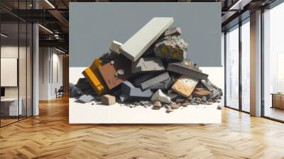 pile of discarded construction materials such as concrete and metal, showing the impact of construction waste on the environment AI generation. Wall mural