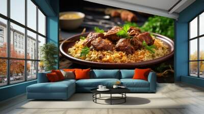 Side view shot of a mouthwatering plate of lamb kabsa, highlighting tender chunks of slowcooked lamb, served over a bed of aromatic rice cooked with fragrant es like cinnamon, nutmeg, and Wall mural