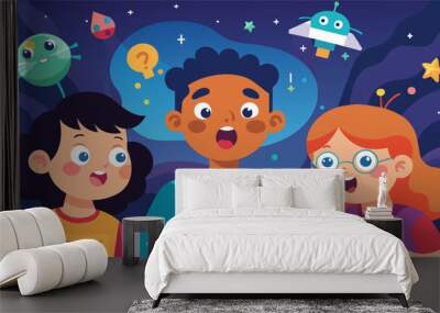 The amazed looks on childrens faces as they see their digital designs come to life in the form of a physical object.. Vector illustration Wall mural