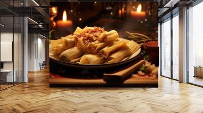 The photograph captures a heap of beef tamales, skillfully arranged in an attractive pattern. The highlighted tamale appears slightly unraveled, unveiling its delectable filling and inviting Wall mural