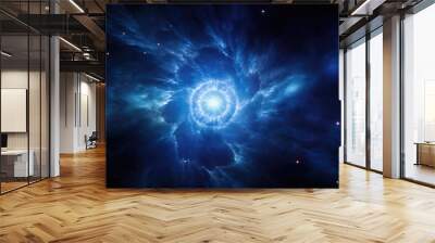 The silhouette of a white dwarf appears in the forefront of a pinwheelshaped nebula its core wispy and transparent. It is releasing a gentle cobalt blue glow becoming more distinct as it cools Wall mural