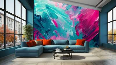 The soft brushstrokes of neon magenta and teal blend together in this abstract piece evoking a sense of energy and movement Wall mural