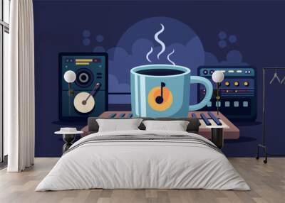 The sound engineers favorite mug sits on the desk filled with steaming coffee to keep them energized during long nights. Vector illustration Wall mural