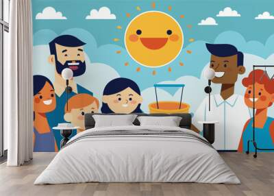 The sun beats down on the happy faces of families gathered around a dunk tank waiting for their turn to dunk their pastor.. Vector illustration Wall mural