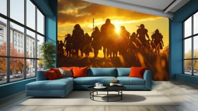 The sun sets behind a group of Maori warriors as they prepare for battle their shadows stretching long and their spirits ready to face any challenge that comes their way. Wall mural