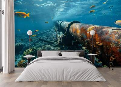 The underwater environment is teeming with marine life with fish and other creatures swimming curiously around the pipeline. Wall mural