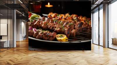 This shot captures a mouthwatering kebab platter, displaying skewers of succulent grilled meats. Tender cubes of marinated beef, juicy chicken, and flavorful ground lamb are beautifully Wall mural