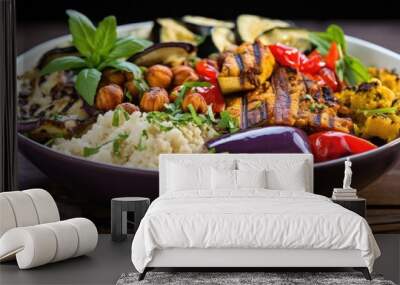 This shot captures a visually striking Mediterraneaninspired Buddha bowl featuring cauliflower rice as the foundation, topped with a rainbow of grilled vegetables, tangy marinated artichoke Wall mural