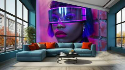 With a vibrant purple streak in her hair and a retro visor covering her eyes this black woman embodies the concept of futuristic nostalgia a fusion of old and new in her modernized . Wall mural