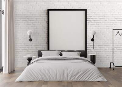 Blank black picture frame template for place image or text inside on white brick wall. Wall mural