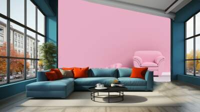 pink sofa with pillow on the floor in pink living room. minimal style concept. Wall mural