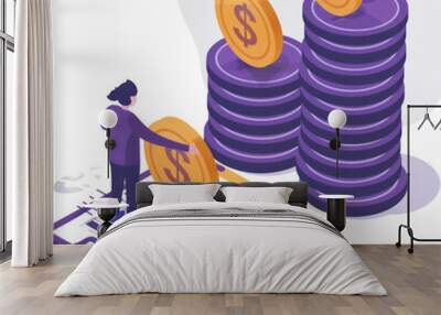 A character is depicted pushing a large coin towards a front-facing stack of coins, with a floating clipboard displaying data beside the stack. The design emphasizes financial growth, data analysis, a Wall mural