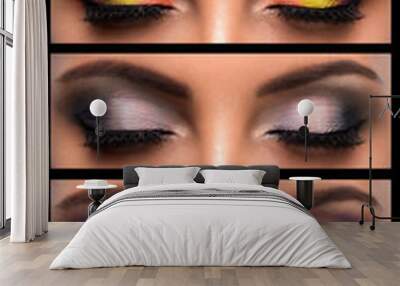 Set of different coloreful smoky eyes make-up. Collection of professional eye makeup with long false eyelashes. Wall mural