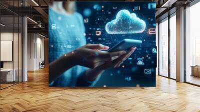 A traditional business integrating digital tools, with employees using cloud-based software and mobile apps to streamline operations Wall mural