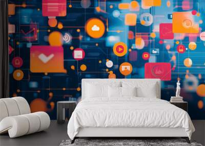 Digital marketing campaign visualized as a complex network of online ads, social media posts, and email blasts, targeting diverse audiences Wall mural