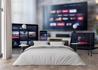 Digital media streaming on multiple devices, including a smartphone, tablet, and smart TV, all synchronized for a seamless experience Wall mural