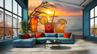 I am thinking of enjoying some refreshing summer cocktails while watching the sunset at a luxurious tropical beach resort. Wall mural