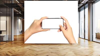 Women's hand holding a smartphone with a blank screen, isolated on a white background Modern smartphone Wall mural