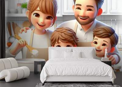 3D family baking cookies in kitchen captured as heartwarming parents children moment with flour covered hands smiles bright atmosphere and copy space for text design isolated icon Wall mural