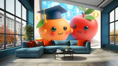 3D Fruits Financial Education Online Concept Two Knowledgeable Fruits Teach Financial Concepts Through Online Platforms Soft Abstract Bokeh Background Highlighting Their Educational Roles 3D Icon Isol Wall mural