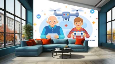 Close Up of a Futuristic Drone Control Interface Operated by Young Adult and Elderly Sibling, Spotlighting Advanced Technology and Family Teamwork in Macro Photography Concept Wall mural