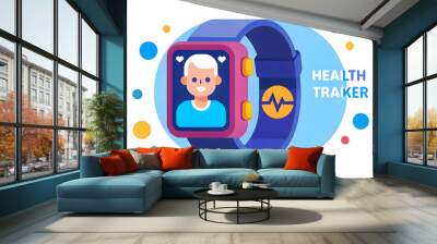 Close Up of Futuristic Health Tracker Worn by Teenager and Elderly Sibling, Macro Shot Showcasing Advanced Health Monitoring Across Generations in Photo Stock Concept Wall mural