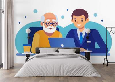 Generational Collaboration: A Young Professional and Elderly Colleague Working Together on a Project in a Modern Office - Experience Meets Innovation with Space for Text Wall mural