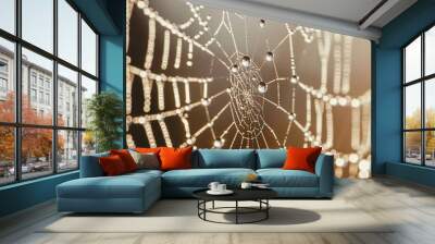 close-up of Spider web covered in water drops  Wall mural