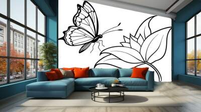 butterfly flies on a flower outline vector illustration Wall mural