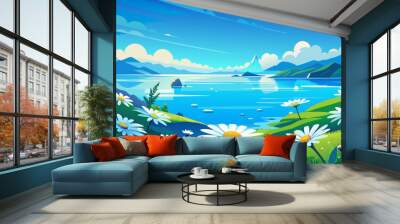 lake and blue sky , landscape with lake and mountains vector background  Wall mural