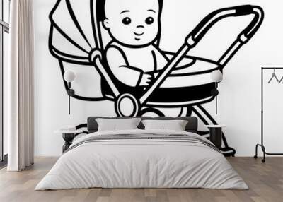 newborn baby modern stroller line art vector illustration  Wall mural