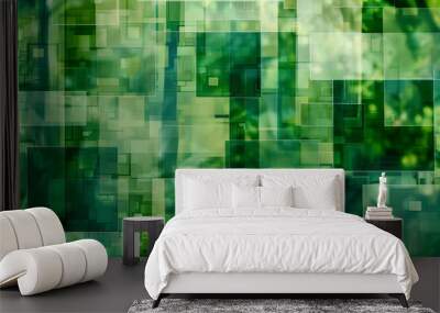 A geometric abstract green background with rectangular boxes creates a sense of order and balance Wall mural