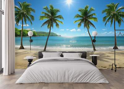 A beach scene with palm trees and a blue ocean Wall mural