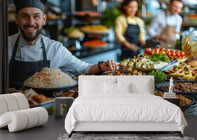 A chef is smiling and holding a spoon in front of a table full of food Wall mural